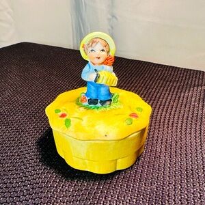 Vintage Ceramic Trinket Box With Boy Playing Accordian